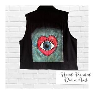 Hand Painted Evil Eye Black Denim Jean Jacket St John’s Bay Size Women’s Med …